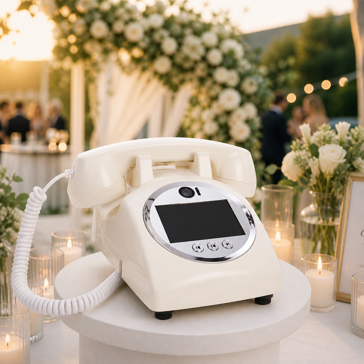 Vídeo-teléfono iBoda en una boda, con letrero de neón 'Deja un mensaje'